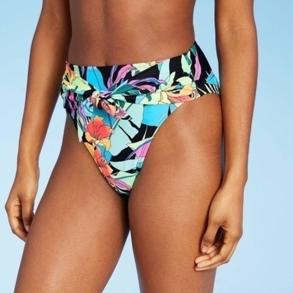 Xhilaration Sash Tie Cheeky High Leg Palm Print High Waist Bikini Bottom XL